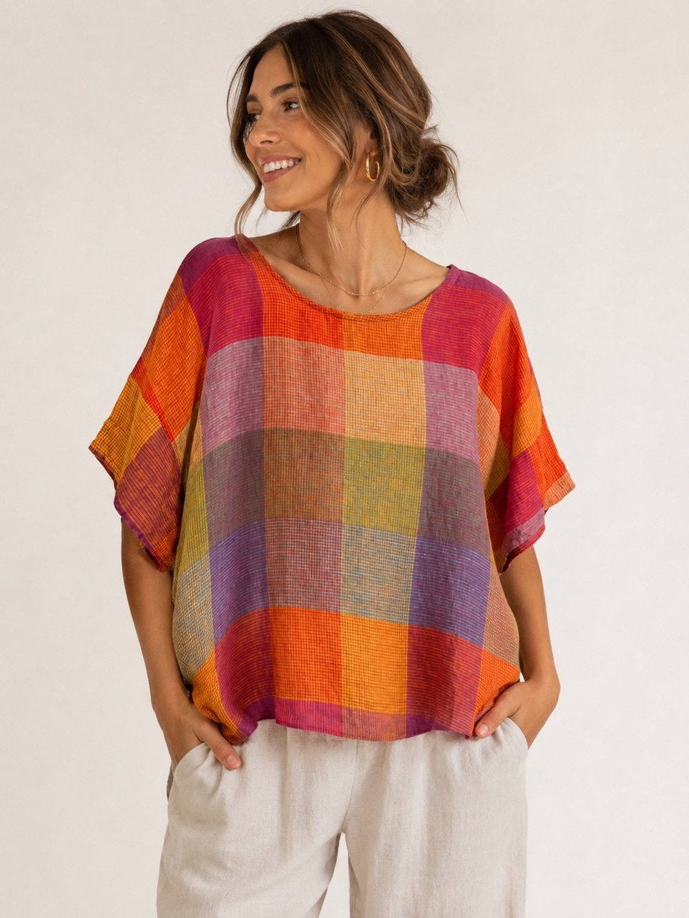 FOIL Orange Multicolor Linen Checkered‎ Loose Fit Top Sz. 14